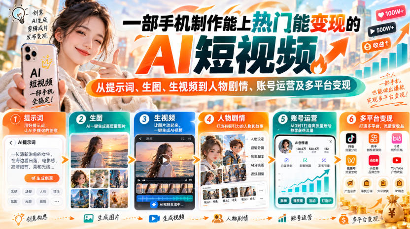【无水印】一部手机制作能上热门能变现的AI短视频，从提示词、生图、生视频到人物剧情、账号运营及多平台变现-皮皮网创
