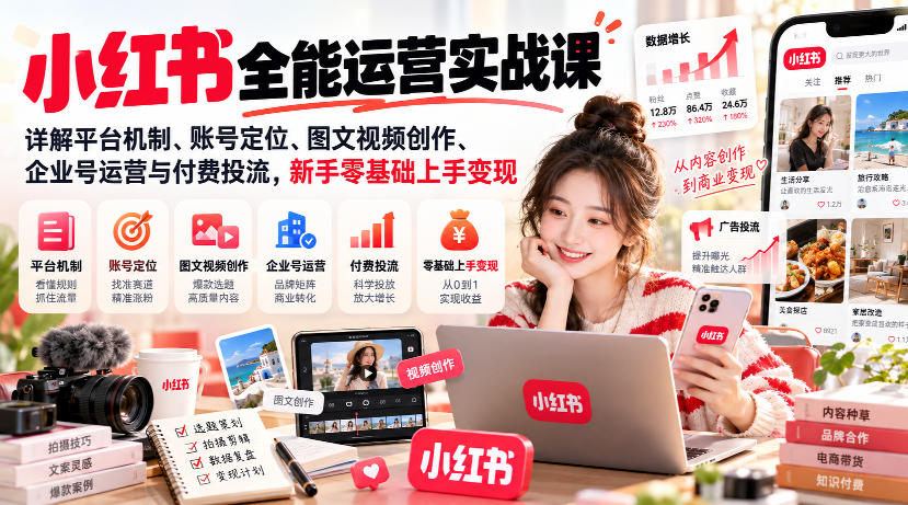 小红书全能运营实战课，详解平台机制、账号定位、图文视频创作、企业号运营与付费投流，新手零基础上手变现-皮皮网创