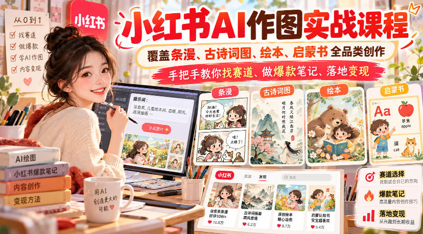 小红书AI作图实战课程，覆盖条漫、古诗词图、绘本、启蒙书全品类创作，手把手教你找赛道、做爆款笔记、落地变现-皮皮网创