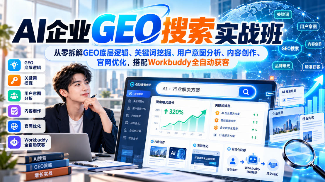 AI企业GEO搜索实战班，从零拆解GEO底层逻辑、关键词挖掘、用户意图分析、内容创作、官网优化，搭配Workbuddy全自动获客-皮皮网创