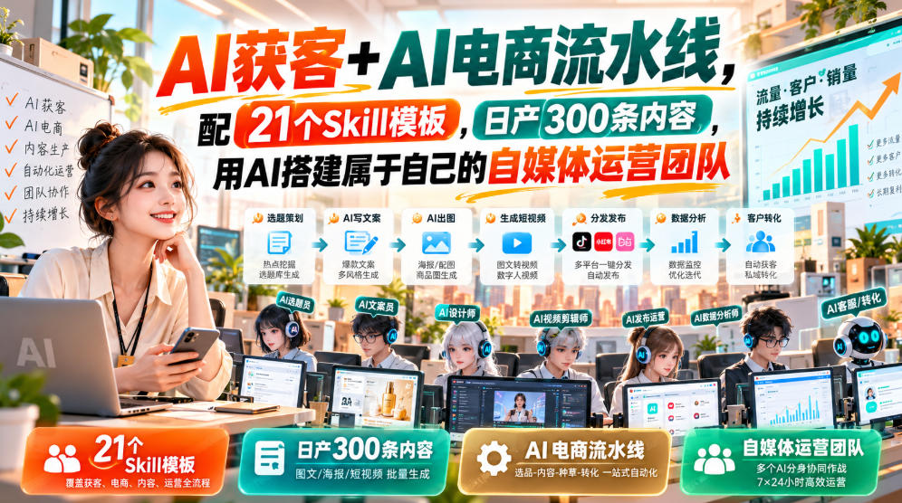 AI获客+AI电商流水线，配21个Skill模板，日产300条内容，用AI搭建属于自己的自媒体运营团队-皮皮网创