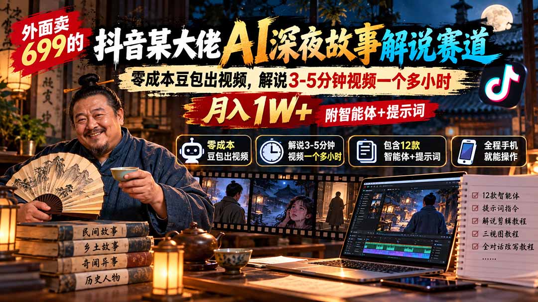 外面卖699的抖音某大佬AI深夜故事解说赛道：零成本豆包出视频，解说3-5分钟视频一个多小时，月入1W+附智能体+提示词-皮皮网创