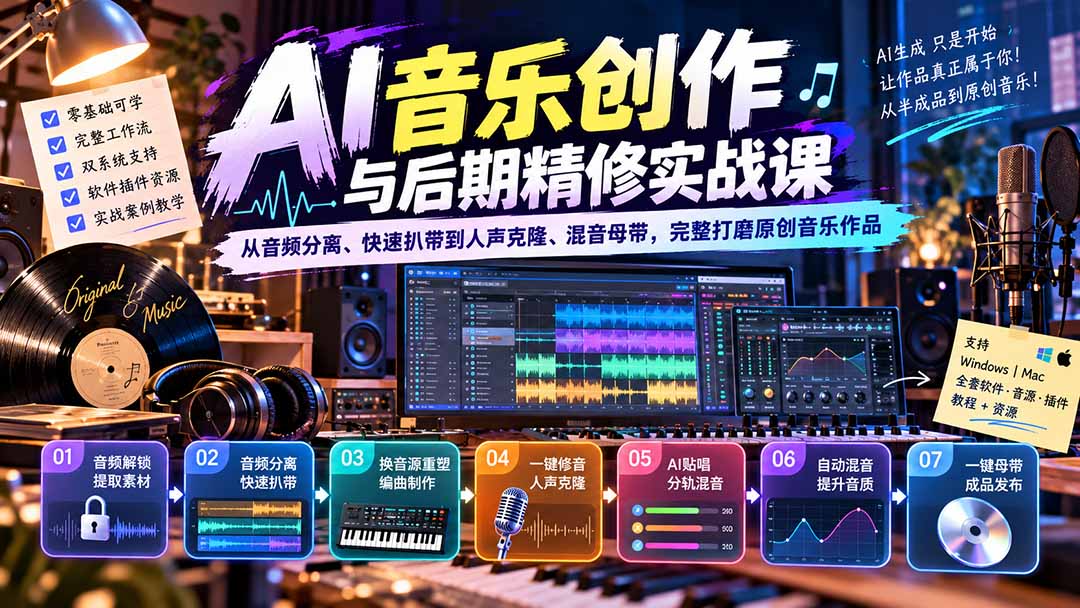 AI音乐创作与后期精修实战课:从音频分离、快速扒带到人声克隆、混音母带,完整打磨原创音乐作品-皮皮网创