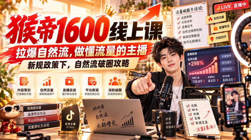 猴帝1600线上课,拉爆自然流,做懂流量的主播,新规政策下,自然流破圈攻略【更新260926】-皮皮网创