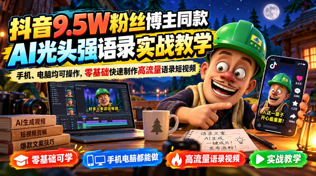 抖音9.5W粉丝博主同款AI光头强语录实战教学,手机、电脑均可操作,零基础快速制作高流量语录短视频-皮皮网创