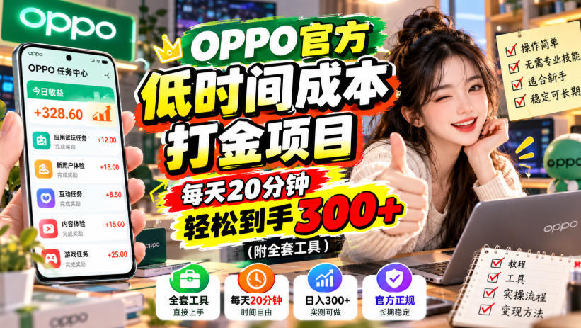 OPPO官方低时间成本打金项目,每天20分钟,轻松到手300+(附全套工具)【揭秘】-皮皮网创