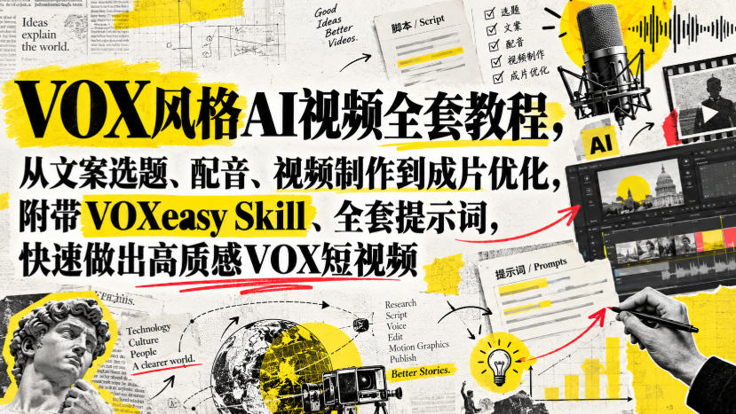 VOX风格AI视频全套教程,从文案选题、配音、视频制作到成片优化,附带VOXeasy Skill、全套提示词,快速做出高质感VOX短视频-皮皮网创