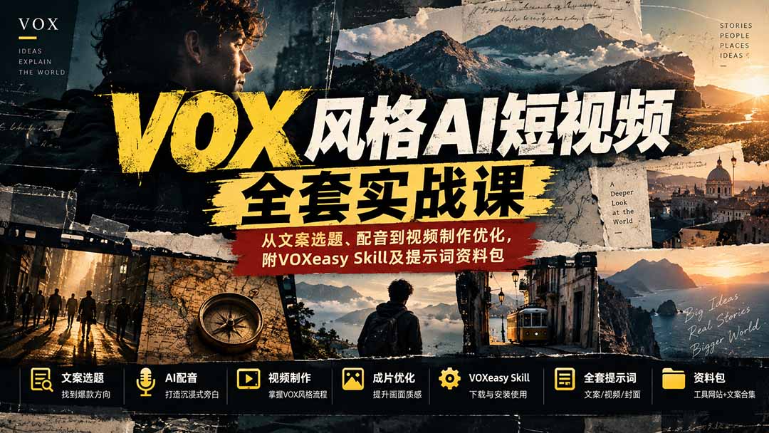 【无水印】VOX风格AI短视频全套实战课:从文案选题、配音到视频制作优化,附VOXeasy Skill及提示词资料包-皮皮网创