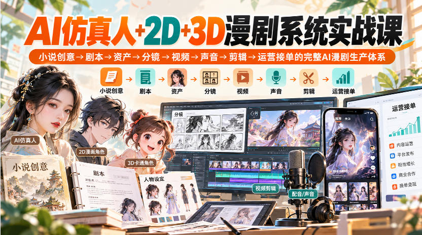 【无水印】AI仿真人+2D+3D漫剧系统实战课,小说创意→剧本→资产→分镜→视频→声音→剪辑→运营接单的完整AI漫剧生产体系-皮皮网创