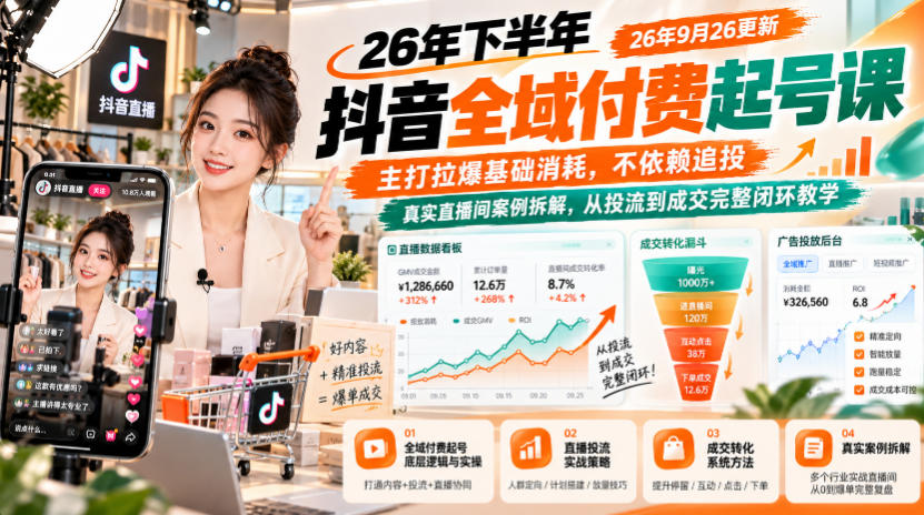26年下半年抖音全域付费起号课26年9月26更新，主打拉爆基础消耗，不依赖追投，真实直播间案例拆解，从投流到成交完整闭环教学-皮皮网创