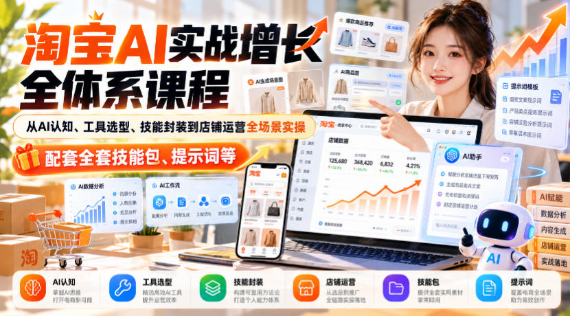 淘宝AI实战增长全体系课程,从AI认知、工具选型、技能封装到店铺运营全场景实操,配套全套技能包、提示词等-皮皮网创