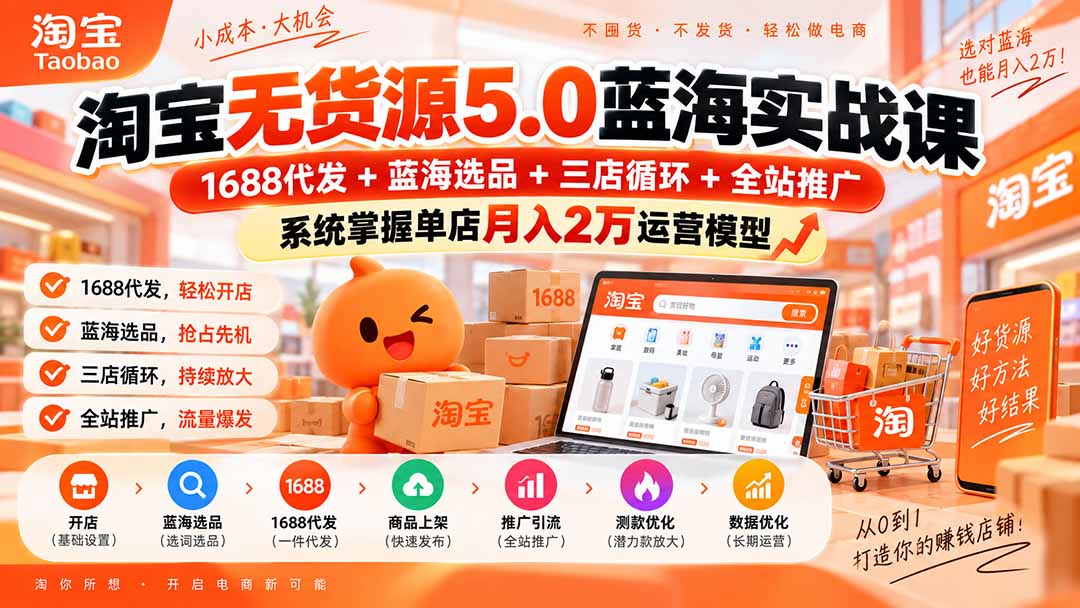 淘宝无货源5.0蓝海实战课-更新0927：1688代发+蓝海选品+三店循环+全站推广，系统掌握单店月入2万运营模型-皮皮网创