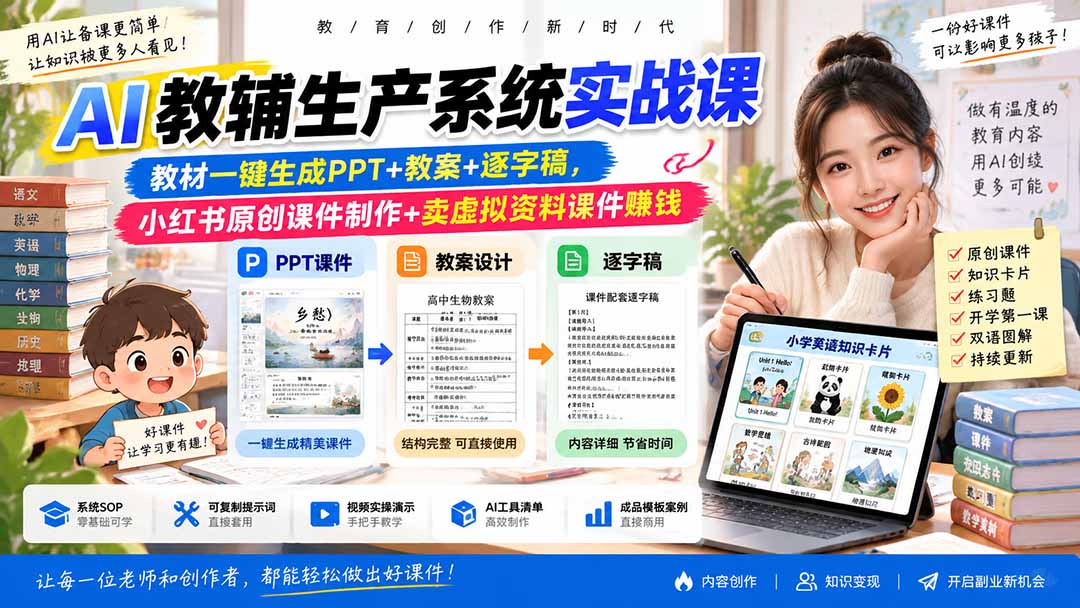 AI教辅生产系统实战课-更新0926|教材一键生成PPT+教案+逐字稿,小红书原创课件制作+卖虚拟资料课件赚钱-皮皮网创