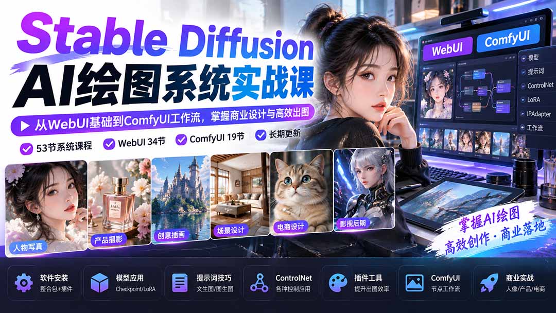 【无水印】Stable Diffusion AI绘图系统实战课:从WebUI基础到ComfyUI工作流,掌握商业设计与高效出图-皮皮网创