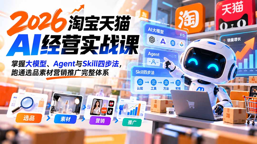 【无水印】2026淘宝天猫AI经营实战课：掌握大模型、Agent与Skill四步法，跑通选品素材营销推广完整体系-皮皮网创