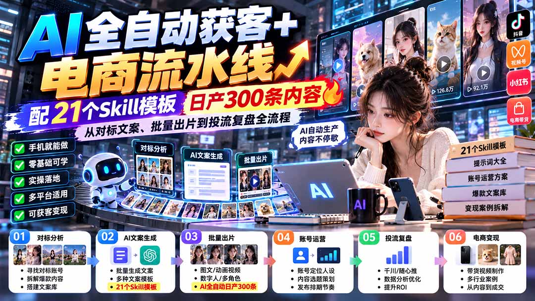 【无水印】AI全自动获客+电商流水线:配21个Skill模板,日产300条内容,从对标文案、批量出片到投流复盘全流程-皮皮网创
