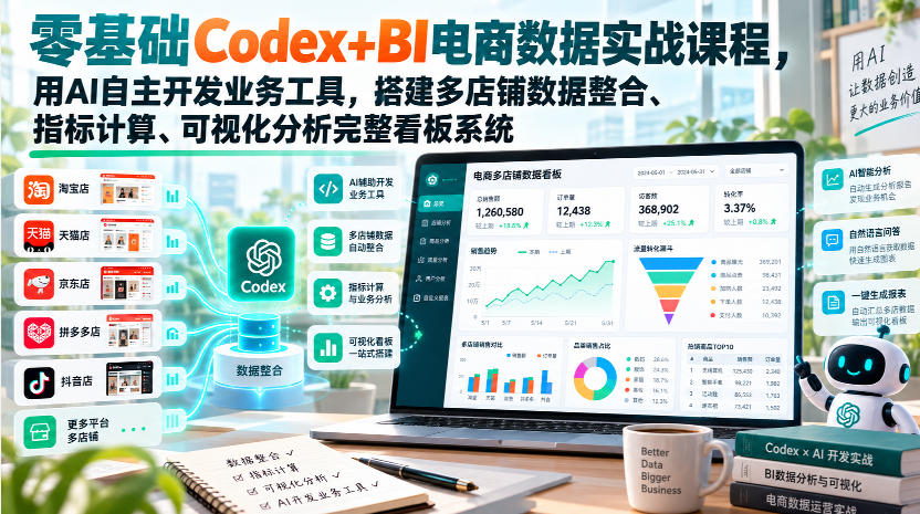 零基础Codex+BI电商数据实战课程，用AI自主开发业务工具，搭建多店铺数据整合、指标计算、可视化分析完整看板系统-皮皮网创