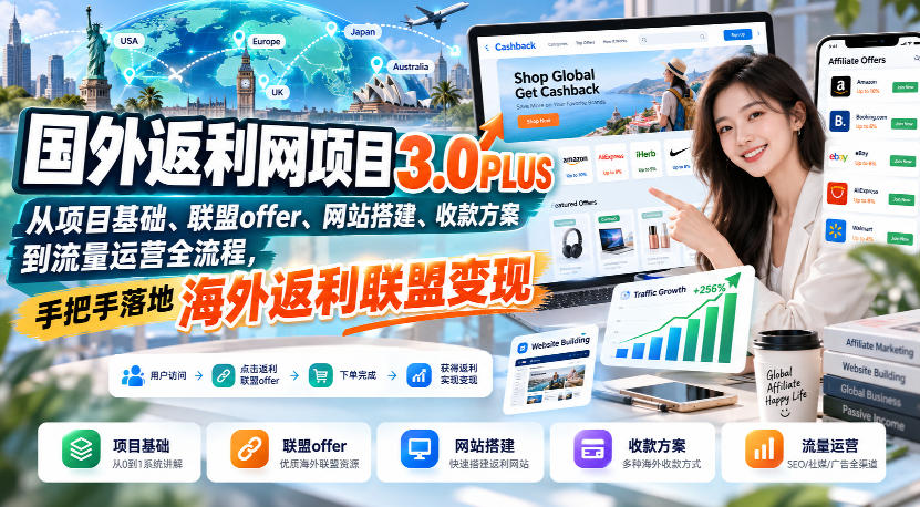 国外返利网项目3.0PLUS,从项目基础、联盟offer、网站搭建、收款方案到流量运营全流程,手把手落地海外返利联盟变现-皮皮网创