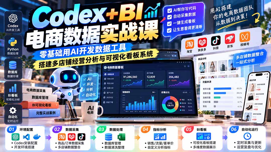 Codex+BI电商数据实战课:零基础用AI开发数据工具,搭建多店铺经营分析与可视化看板系统-皮皮网创