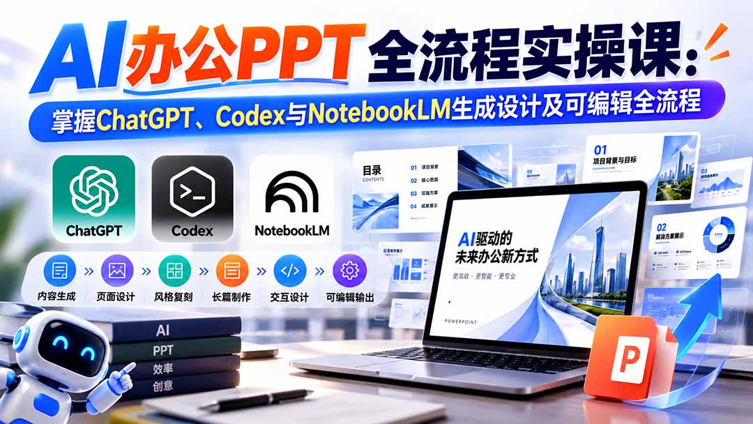 【无水印】AI办公PPT全流程实操课: 掌握ChatGPT、Codex与NotebookLM生成设计及可编辑全流程-皮皮网创