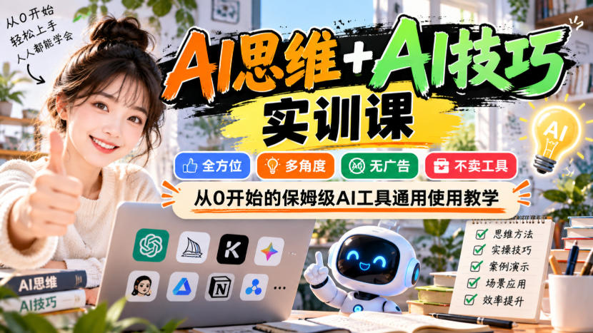 【无水印】AI思维+AI技巧实训课,全方位、多角度、无广告、不卖工具,从0开始的保姆级AI工具通用使用教学-皮皮网创