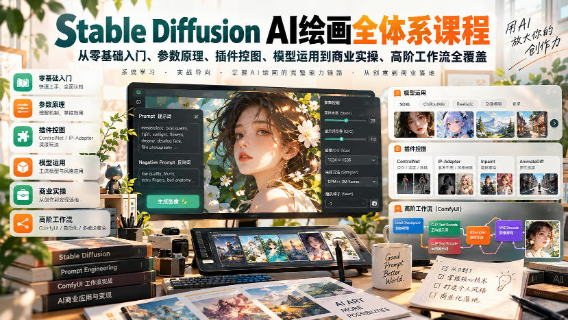 【无水印】Stable Diffusion AI绘画全体系课程，从零基础入门、参数原理、插件控图、模型运用到商业实操、高阶工作流全覆盖-皮皮网创