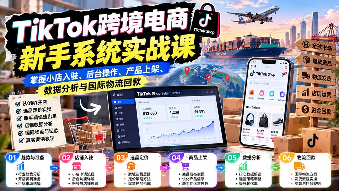 TikTok跨境电商新手系统实战课：掌握小店入驻、后台操作、产品上架、数据分析与国际物流回款-皮皮网创