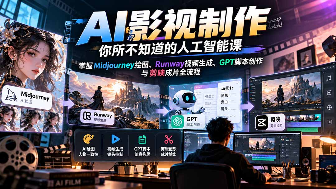 【无水印】AI影视制作-你所不知道的人工智能课，掌握Midjourney绘图、Runway视频生成、GPT脚本创作与剪映成片全流程-皮皮网创