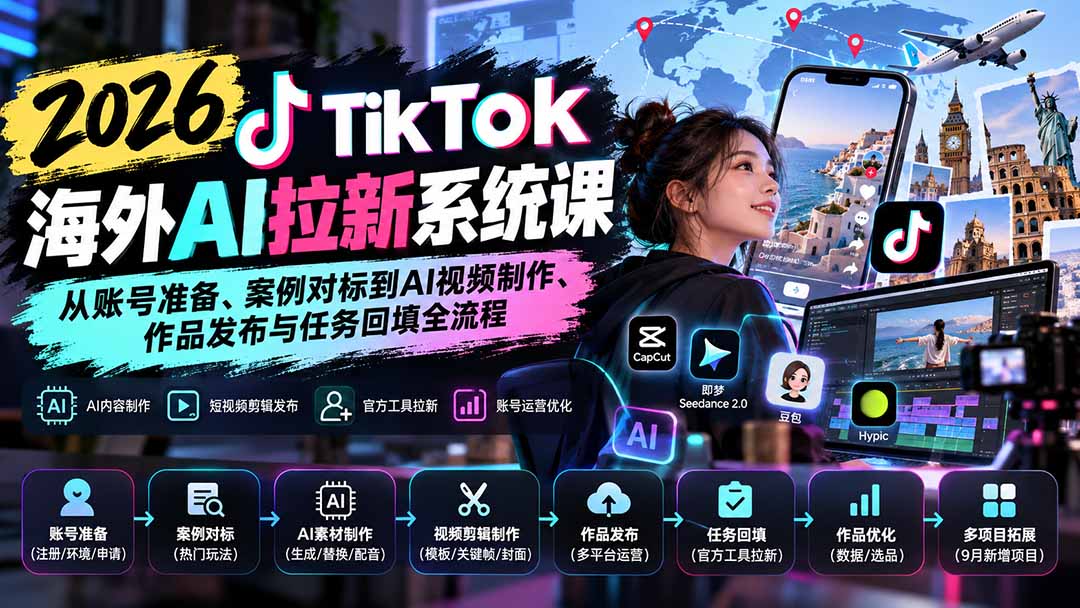 【无水印】2026 TikTok海外AI拉新系统课：从账号准备、案例对标到AI视频制作、作品发布与任务回填全流程-皮皮网创
