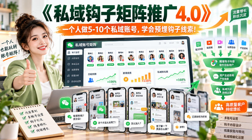 【无水印】《私域钩子矩阵推广4.0》一个人做5-10个私域账号，学会预埋钩子线索！-皮皮网创