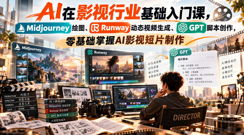 【无水印】AI在影视行业基础入门课，Midjourney绘图、Runway动态视频生成、GPT脚本创作，零基础掌握AI影视短片制作-皮皮网创