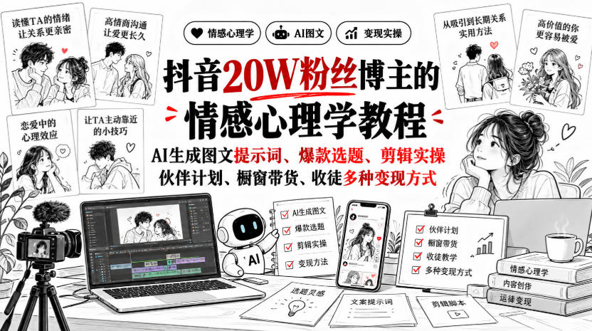 抖音20W粉丝博主静候心声的情感心理学教程，AI生成图文提示词、爆款选题、剪辑实操，伙伴计划、橱窗带货、收徒多种变现方式-皮皮网创