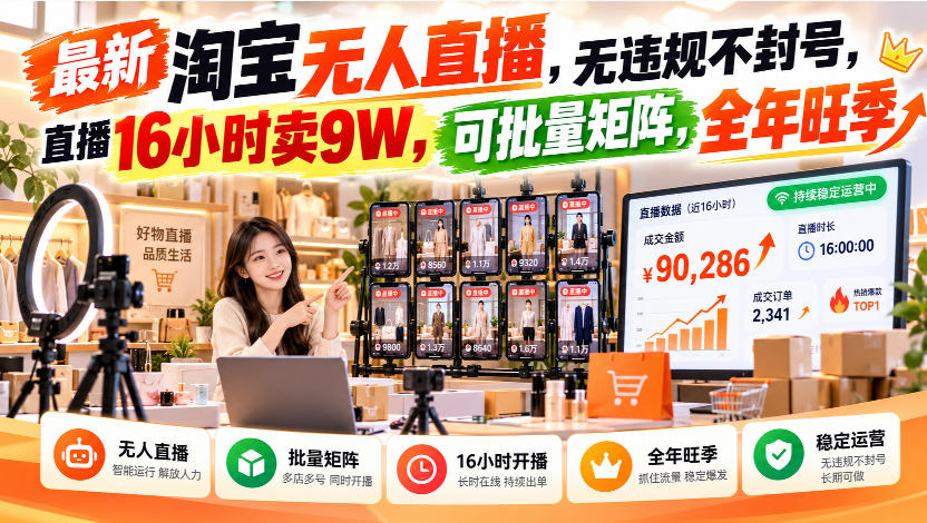 最新淘宝无人直播，无违规不封号，直播16小时卖9W，可批量矩阵，全年旺季【揭秘】-皮皮网创