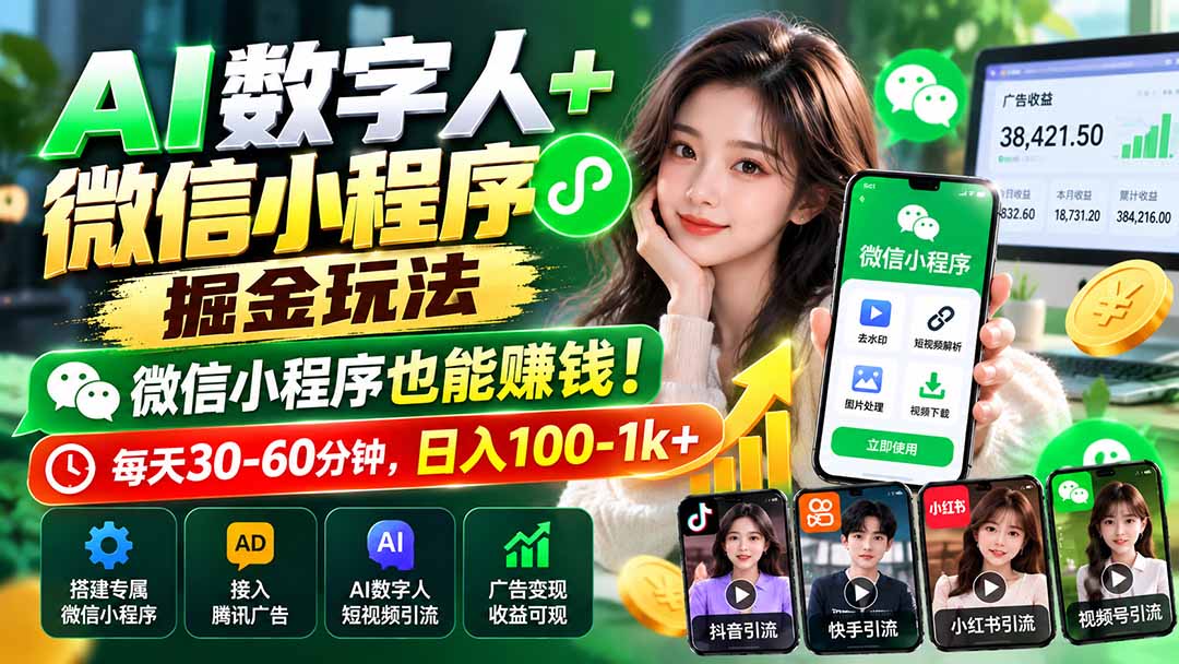 AI数字人+微信小程序掘金玩法：微信小程序也能赚钱！每天30-60分钟，日入100-1k+-皮皮网创
