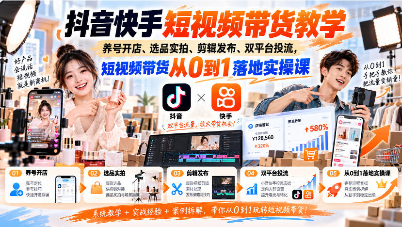 抖音快手短视频带货教学|养号开店、选品实拍、剪辑发布、双平台投流,短视频带货从0到1落地实操课-皮皮网创