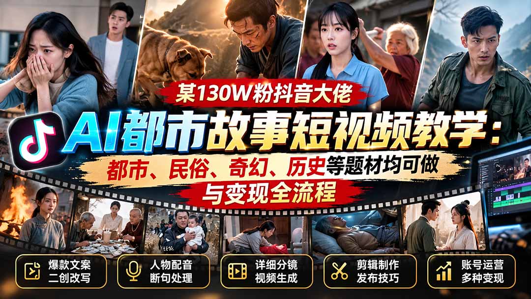 某130W粉抖音大佬AI都市故事短视频教学:都市、民俗、奇幻、历史等题材均可做与变现全流程-皮皮网创