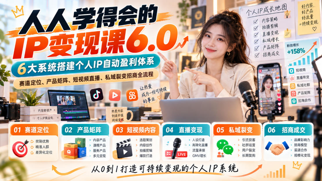 人人学得会的IP变现课6.0，6大系统搭建个人IP自动盈利体系，赛道定位、产品矩阵、短视频直播、私域裂变招商全流程-皮皮网创