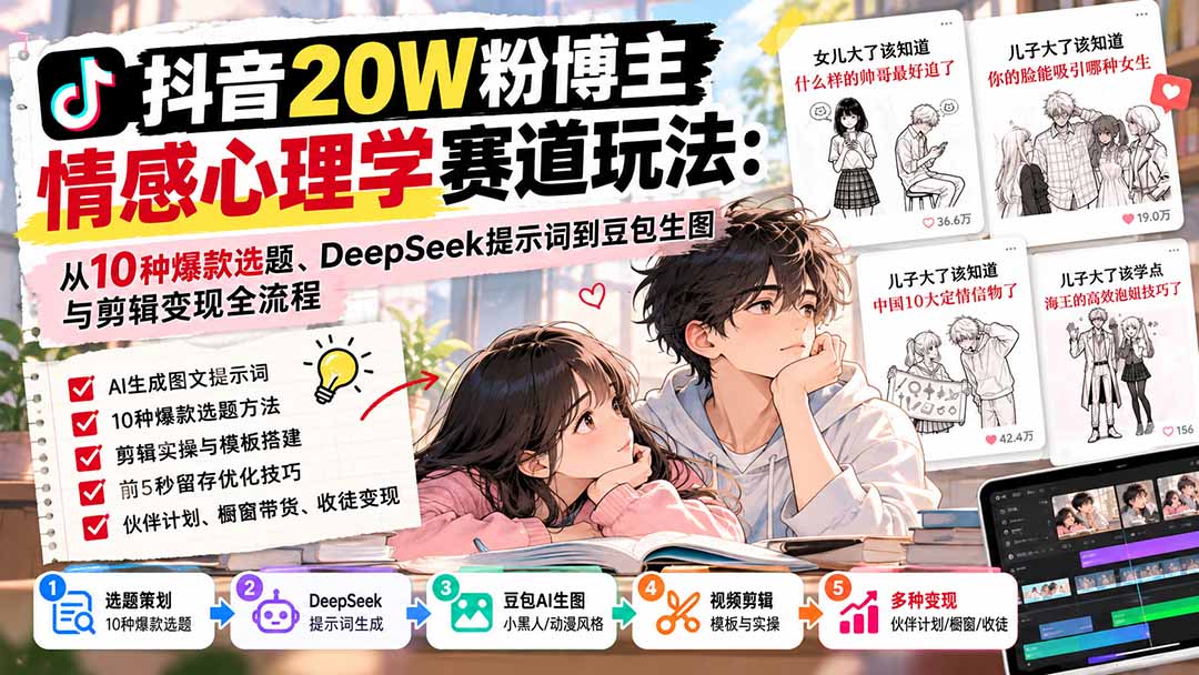 抖音20W粉博主-情感心理学赛道玩法:从10种爆款选题、DeepSeek提示词到豆包生图与剪辑变现全流程-皮皮网创