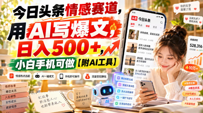 今日头条情感赛道，用AI写爆文，日入500+，小白手机可做【附AI工具】-皮皮网创