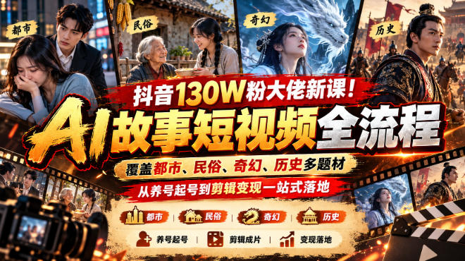 抖音130W粉大佬新课！AI故事短视频全流程，覆盖都市、民俗、奇幻、历史多题材，从养号起号到剪辑变现一站式落地-皮皮网创