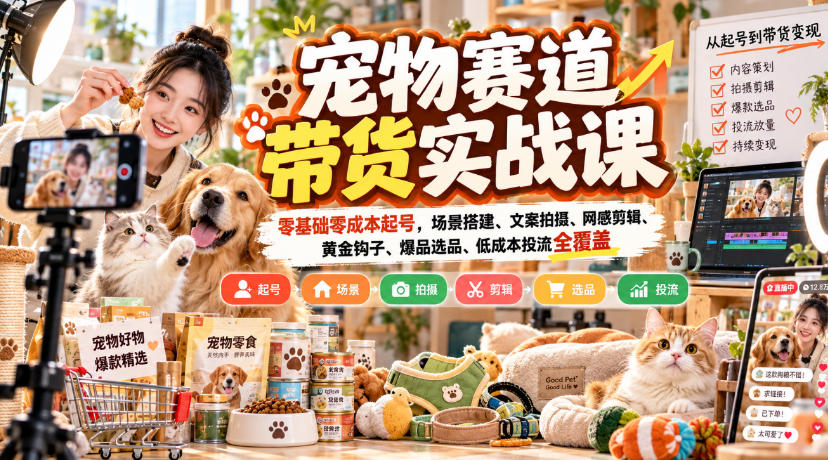 宠物赛道带货实战课，零基础零成本起号，场景搭建、文案拍摄、网感剪辑、黄金钩子、爆品选品、低成本投流全覆盖-皮皮网创