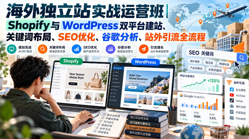 海外独立站实战运营班|Shopify与WordPress双平台建站、关键词布局、SEO优化、谷歌分析、站外引流全流程-皮皮网创