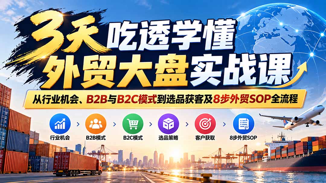 3天吃透学懂外贸大盘实战课:从行业机会、B2B与B2C模式到选品获客及8步外贸SOP全流程-皮皮网创