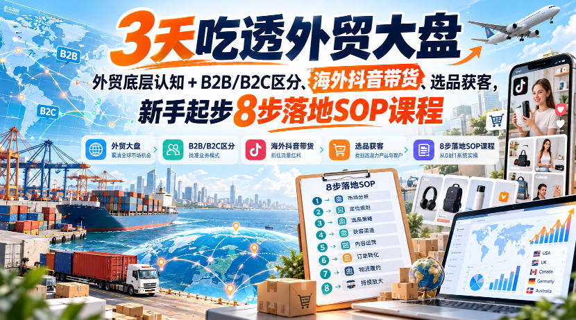 3天吃透外贸大盘，外贸底层认知+B2B/B2C区分、海外抖音带货、选品获客，新手起步8步落地SOP课程-皮皮网创