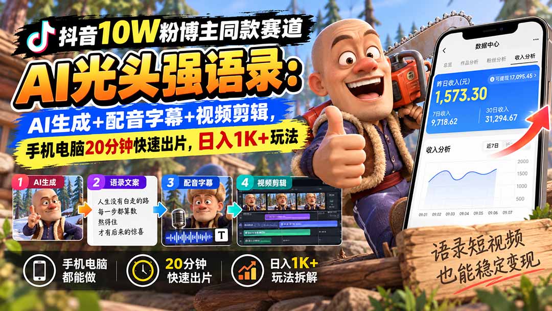 【无水印】抖音10W粉博主同款赛道AI光头强语录:AI生成+配音字幕+视频剪辑,手机电脑20分钟快速出片,日入1K+玩法-皮皮网创