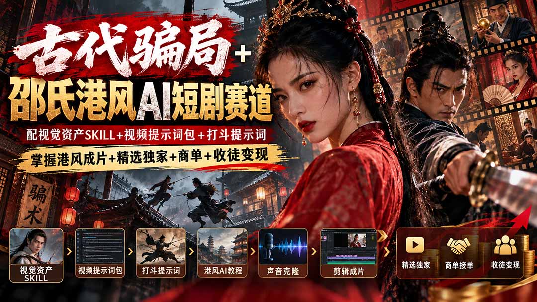 古代骗局+邵氏港风AI短剧赛道：配视觉资产SKILL+视频提示词包+打斗提示词，掌握港风成片+精选独家+商单+收徒变现-皮皮网创