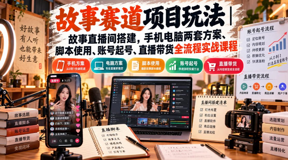 故事赛道项目玩法｜故事直播间搭建，手机电脑两套方案、脚本使用、账号起号、直播带货全流程实战课程-皮皮网创