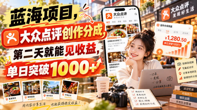 蓝海项目，大众点评创作分成，第二天就能见收益，单日突破1000+【揭秘】-皮皮网创