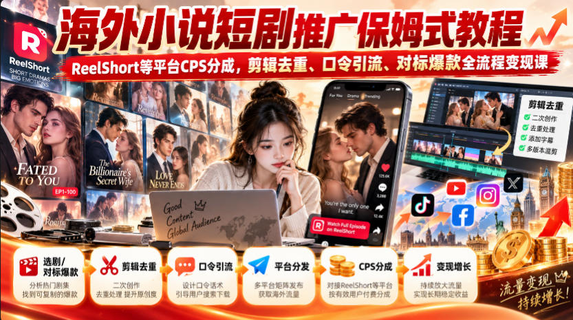 海外小说短剧推广保姆式教程|ReelShort等平台CPS分成,剪辑去重、口令引流、对标爆款全流程变现课-皮皮网创
