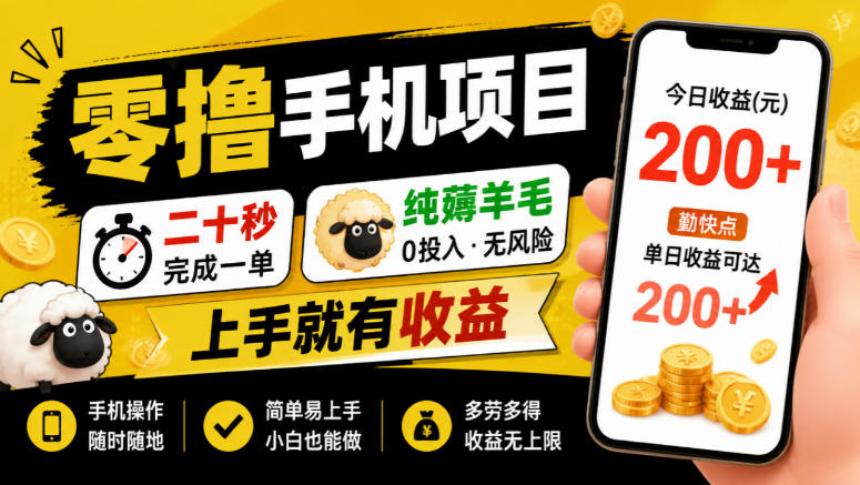 零撸手机项目，二十秒完成一单，纯薅羊毛，上手就有收益，勤快点单日收益可达200+【揭秘】-皮皮网创
